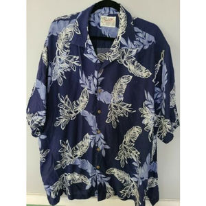 Vintage Thumbs Up Blue Floral Aloha Button Front Rayon Hawaiian Shirt 2XL